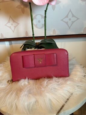#106 Prada Pink Saffiano Zip-Around Wallet with Decorative Bow